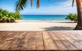 wooden empty table on the beach under a palm tree with an ocean view