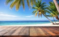 wooden empty table on the beach under a palm tree with an ocean view Royalty Free Stock Photo