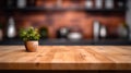 wooden empty table for mock up against blurred kitchen background with bokeh. AI Generative Royalty Free Stock Photo