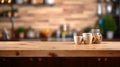 wooden empty table for mock up against blurred kitchen background with bokeh. AI Generative Royalty Free Stock Photo