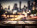 Wooden empty top table with blur evening city view. Tabletop with light effect bokeh of cityscape on background. Generative AI Royalty Free Stock Photo