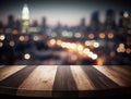 Wooden empty top table with blur evening city view. Tabletop with light effect bokeh of cityscape on background. Generative AI Royalty Free Stock Photo