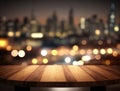 Wooden empty top table with blur evening city view. Tabletop with light effect bokeh of cityscape on background. Generative AI Royalty Free Stock Photo