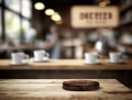 Wooden empty top table with blur mugs and cafe interior view. Tabletop and bokeh of coffee house on background. Generative AI