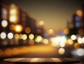 Wooden empty top table with blur night city street view. Tabletop with lights bokeh of cityscape on background. Generative AI Royalty Free Stock Photo