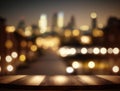 Wooden empty top table with blur night city view. Tabletop with light effect bokeh of cityscape on background. Generative AI Royalty Free Stock Photo