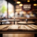 Wooden empty top table with blur rustic interior cafe view. Tabletop and bokeh of coffee house on background. Generative AI