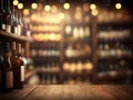 Wooden top table with blurred wine shop and bottles. Rustic tabletop with bokeh of alcohol drinks on background. Generative AI Royalty Free Stock Photo