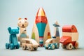 Wooden engineering construction with wood animals and cars a children's toy for building and playing. Brain and