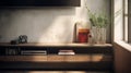 Minimalist Tv Stand With Book, Plants And Textural Surface Treatment Royalty Free Stock Photo