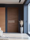 Wooden entrance door in a modern home or office interior in high-tech style. Interior Design. Vertical image. Royalty Free Stock Photo