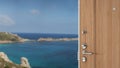 Wooden entrance door opening on amazing landscape, dreamy seascape , granite rocks, travel concept idea