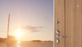 Wooden entrance door opening on amazing landscape, sunset on a dreamy beach, travel concept idea Royalty Free Stock Photo