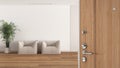 Wooden entrance door opening on sitting waiting room with glass brick wall in minimal style. Beige fabric sofa and minimal Royalty Free Stock Photo