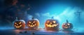 table halloween fear blue night background mystery silhouette pumpkin evil horror. Generative AI.