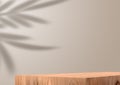 Wooden exhibition podium. 3D Background. Branch shadow with tropical Leaves. 3D rendering