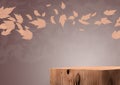 Wooden exhibition podium. 3D Background. Falling leaves in the Backdrop. 3D rendering