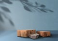 Wooden exhibition podium. Group Wood and stone pedestals. Blue Cosmetic showcase. 3D Background. Branch shadow with