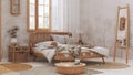 Wooden farmhouse bedroom in boho chic style. Rattan bed and furniture in white and beige tones. Country wallpaper, vintage Royalty Free Stock Photo