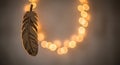 Wooden feather ornament with decorative warm lights hanging down from the ceiling against a neutral backdrop Royalty Free Stock Photo