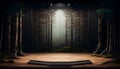 A wooden feeling stage with some forest tree decoration and tree background view.