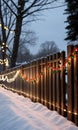 A Wooden Fence Adorned With Christmas Lights And Garlands. Generative AI