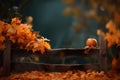 Wooden fence on autumn farm. Colorful photo background