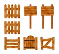 Wooden fence with a gate and signboard. Elements set for rural design. Cartoon vector illustration.