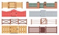 Wooden fence gates. Outdoor exterior entrances. Yard and park barriers with gateways. Cartoon style fencing. Garden and