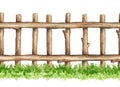 Wooden fence with green grass seamless border. Watercolor illustration. Wood trunk fence on the grass element. Hand Royalty Free Stock Photo