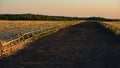 Wooden fence in the livestock feeding field, panoramic evening landscape
