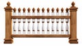 A wooden fence, palisade, stockade or balustrade with pickets. A brown and white banister or fence section with paling