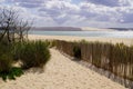 Wooden fence path access dune du pilat sand beach ocean atlantic sea in cap-ferret pyla france