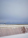 Wooden fence and pier on snowy beach in winter