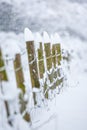 Wooden fence posts and barbwire in a blizzard in Surrey, UK Royalty Free Stock Photo