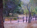 Wooden fence with red sand dirt road and dry grass at Okonjima Nature Reserve, Namibia Royalty Free Stock Photo