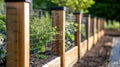 The wooden fence showcases thriving green garden beds filled with healthy plants, creating a beautiful and natural