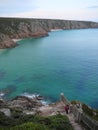 Wooden fence, stairs and beautiful coastline at Minack Theater in Porthcurno Cornwall