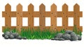 Wooden fence, stones and grass. Garden fences isolated. Vector