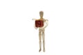 Wooden figure doll and red gift box on the white backgound Royalty Free Stock Photo