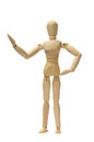 Wooden figure showing product, right hand show. Royalty Free Stock Photo