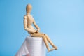 Wooden figure sit on a roll of toilet paper. Concept of the problem with digestion