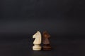 Wooden figures of a black and white horse. Chess pieces on a black background Royalty Free Stock Photo