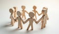 Wooden figures form circle, holding hands teamwork, connection, communication. Group coaching session, learning, development, Royalty Free Stock Photo