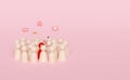 Wooden figures group with target, darts or arrow, social media, notifications, magnifying, envelope isolated on pink background.