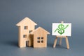 Wooden figures of houses and a poster with green arrow up. The concept of real estate value growth. Increase liquidity