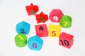 Wooden figures with numbers 1, 2, 3, 4, 5, 6, 7, 8, 9 and 10. Wooden cubes with numbers for children Royalty Free Stock Photo