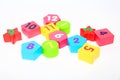 Wooden figures with numbers 1, 2, 3, 4, 5, 6, 7, 8, 9 and 10. Wooden cubes with numbers for children Royalty Free Stock Photo
