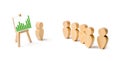 Wooden figures of people stand in the formation and listen to their leader. Business training, briefing and inspirational speech.