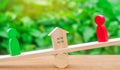 Wooden figures on the scales. clarification of ownership of the house, real estate. rivals in business. competition, court. Estate Royalty Free Stock Photo